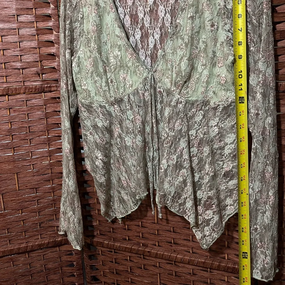 madden girl Sage Green Lace Tie-Front Women's Floral Sheer Long Sleeve Blouse - Picture 3 of 5